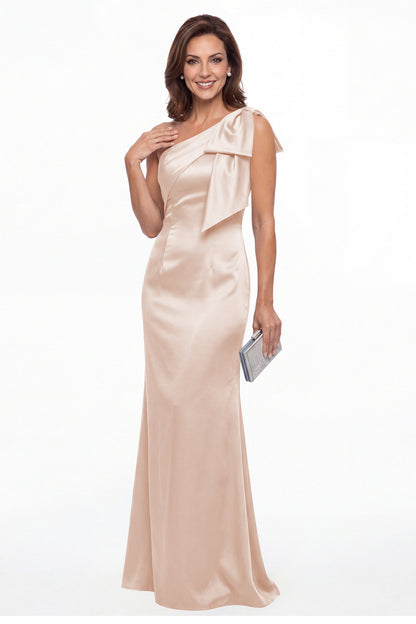 Blush Pink One Shoulder Bow Satin Mermaid Maxi Gown - Front View