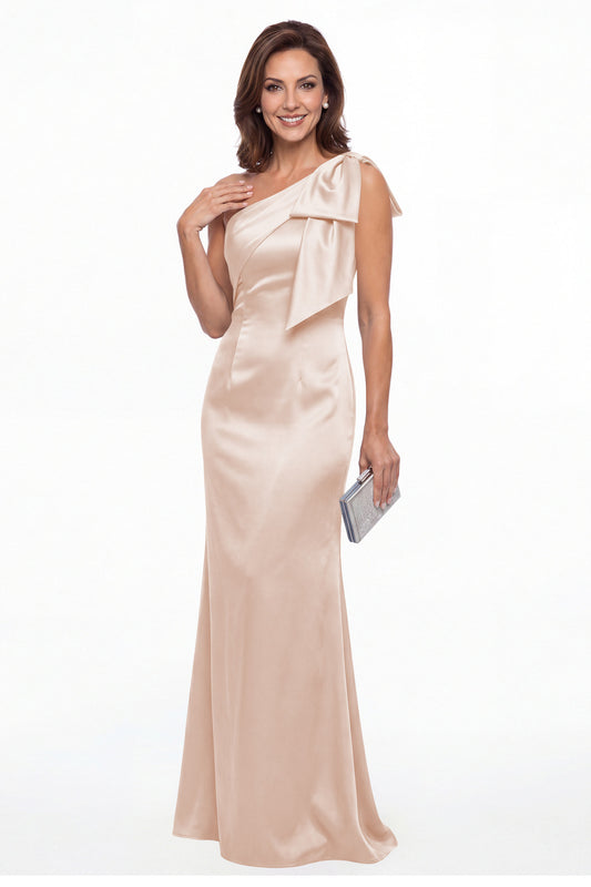 Blush Pink One Shoulder Bow Satin Mermaid Maxi Gown - Front View
