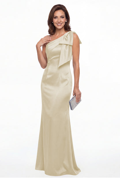 Champagne One Shoulder Bow Satin Mermaid Maxi Gown - Front View