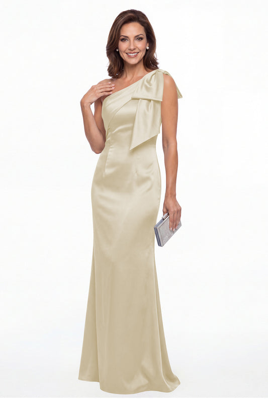 Champagne One Shoulder Bow Satin Mermaid Maxi Gown - Front View
