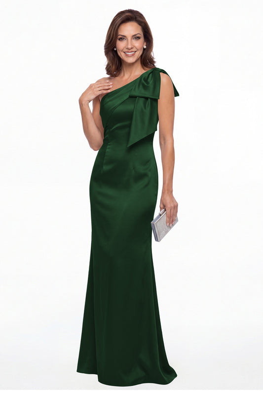 Emerald Green One Shoulder Bow Satin Mermaid Maxi Gown - Front View