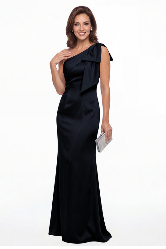Navy Blue One Shoulder Bow Satin Mermaid Maxi Gown - Front View