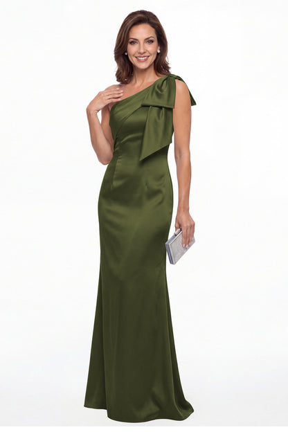 Olive Green One Shoulder Bow Satin Mermaid Maxi Gown - Front View