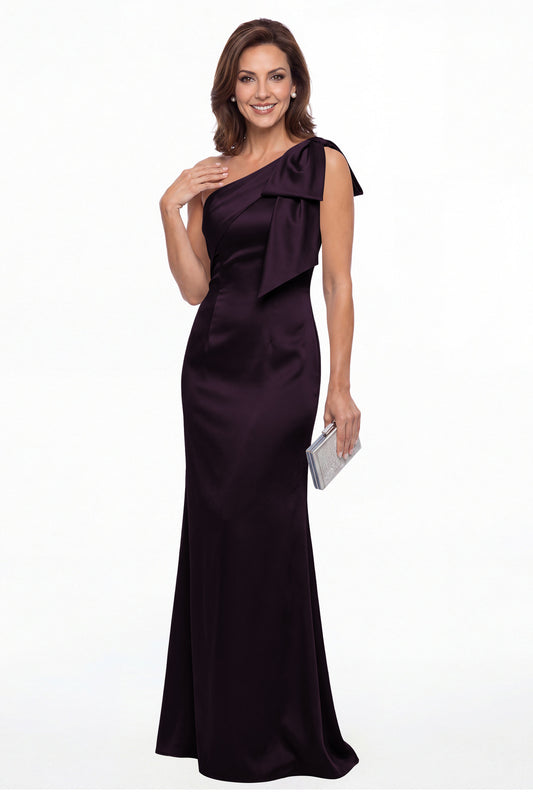 Plum One Shoulder Bow Satin Mermaid Maxi Gown - Front View