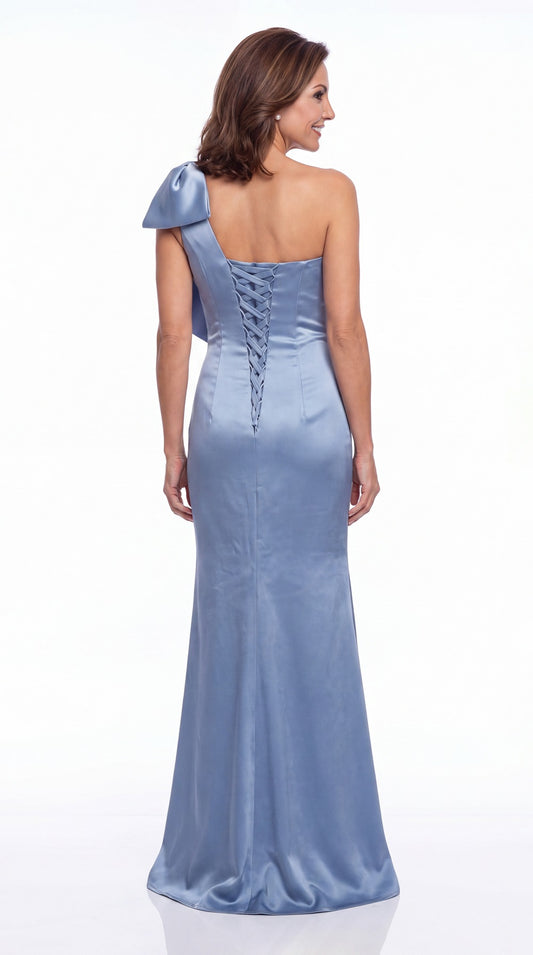One Shoulder Bow Satin Mermaid Maxi Gown - Back View