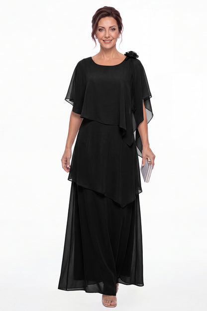 Black Scoop Cape Layered Chiffon Maxi Gown - Front View