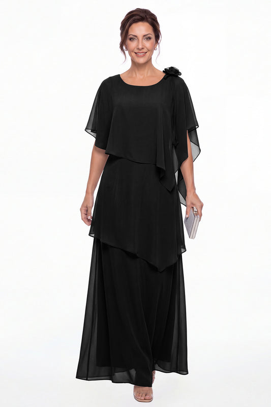 Black Scoop Cape Layered Chiffon Maxi Gown - Front View