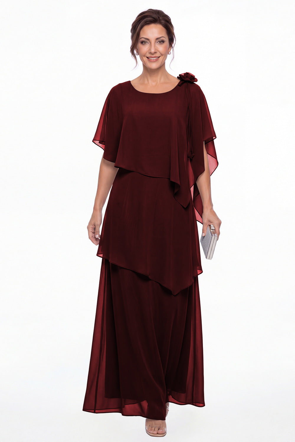 Burgundy Scoop Cape Layered Chiffon Maxi Gown - Front View