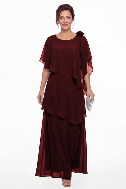 Burgundy Scoop Cape Layered Chiffon Maxi Gown - Front View