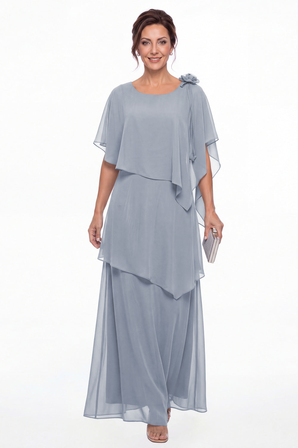 Dusty Blue Scoop Cape Layered Chiffon Maxi Gown - Front View