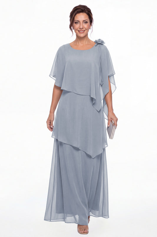 Dusty Blue Scoop Cape Layered Chiffon Maxi Gown - Front View