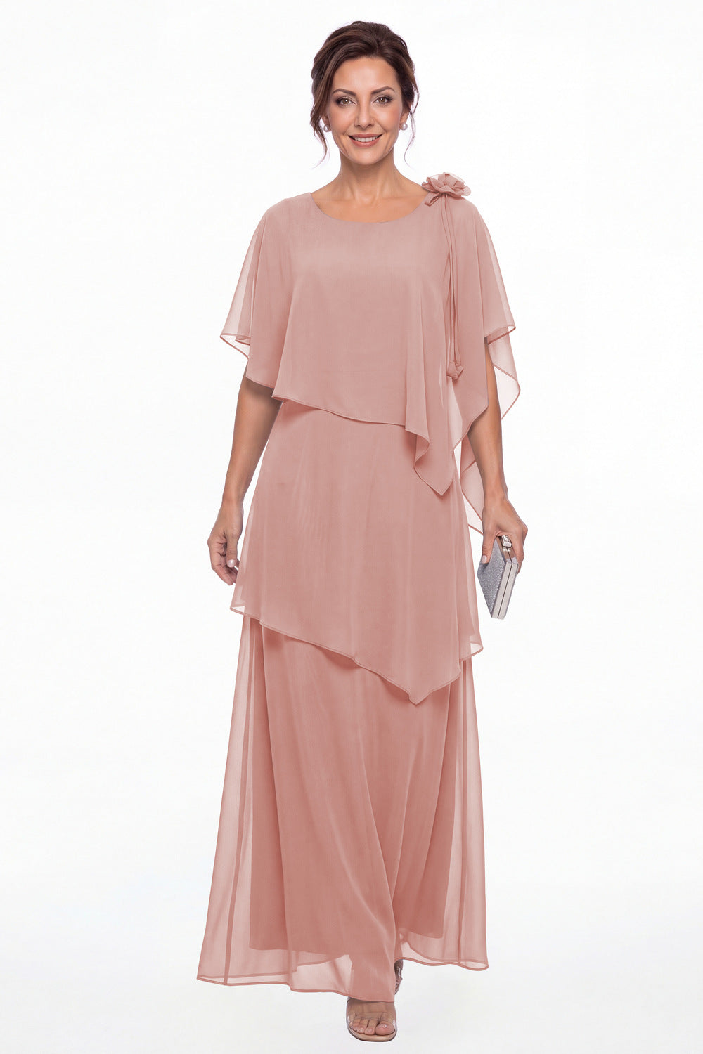Dusty Rose Scoop Cape Layered Chiffon Maxi Gown - Front View