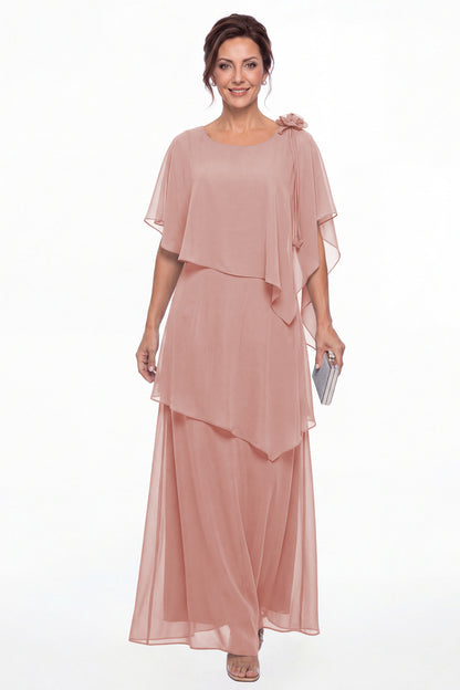 Dusty Rose Scoop Cape Layered Chiffon Maxi Gown - Front View