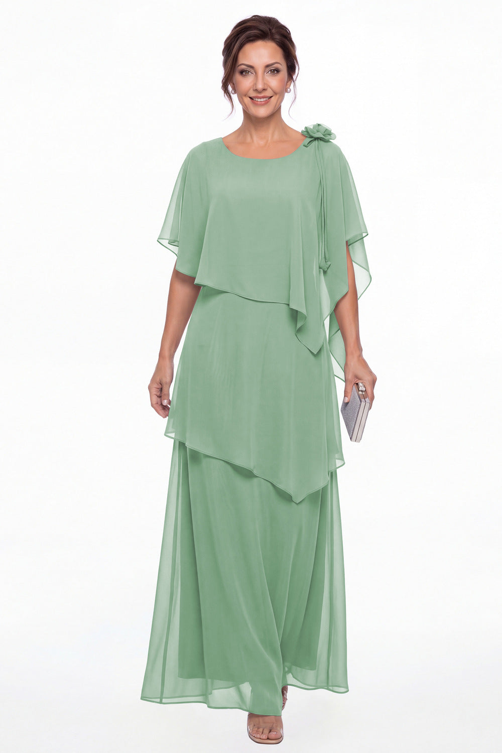 Eucalyptus Scoop Cape Layered Chiffon Maxi Gown - Front View