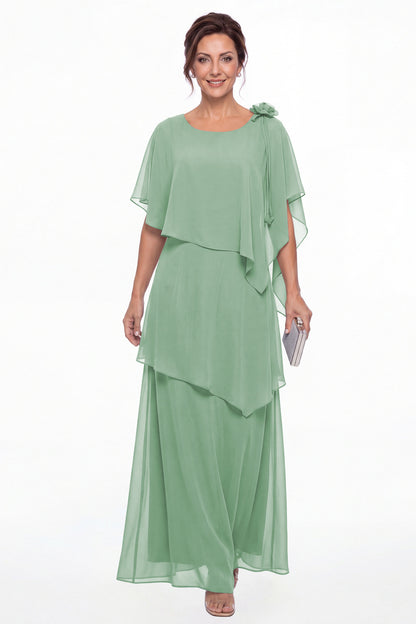 Eucalyptus Scoop Cape Layered Chiffon Maxi Gown - Front View