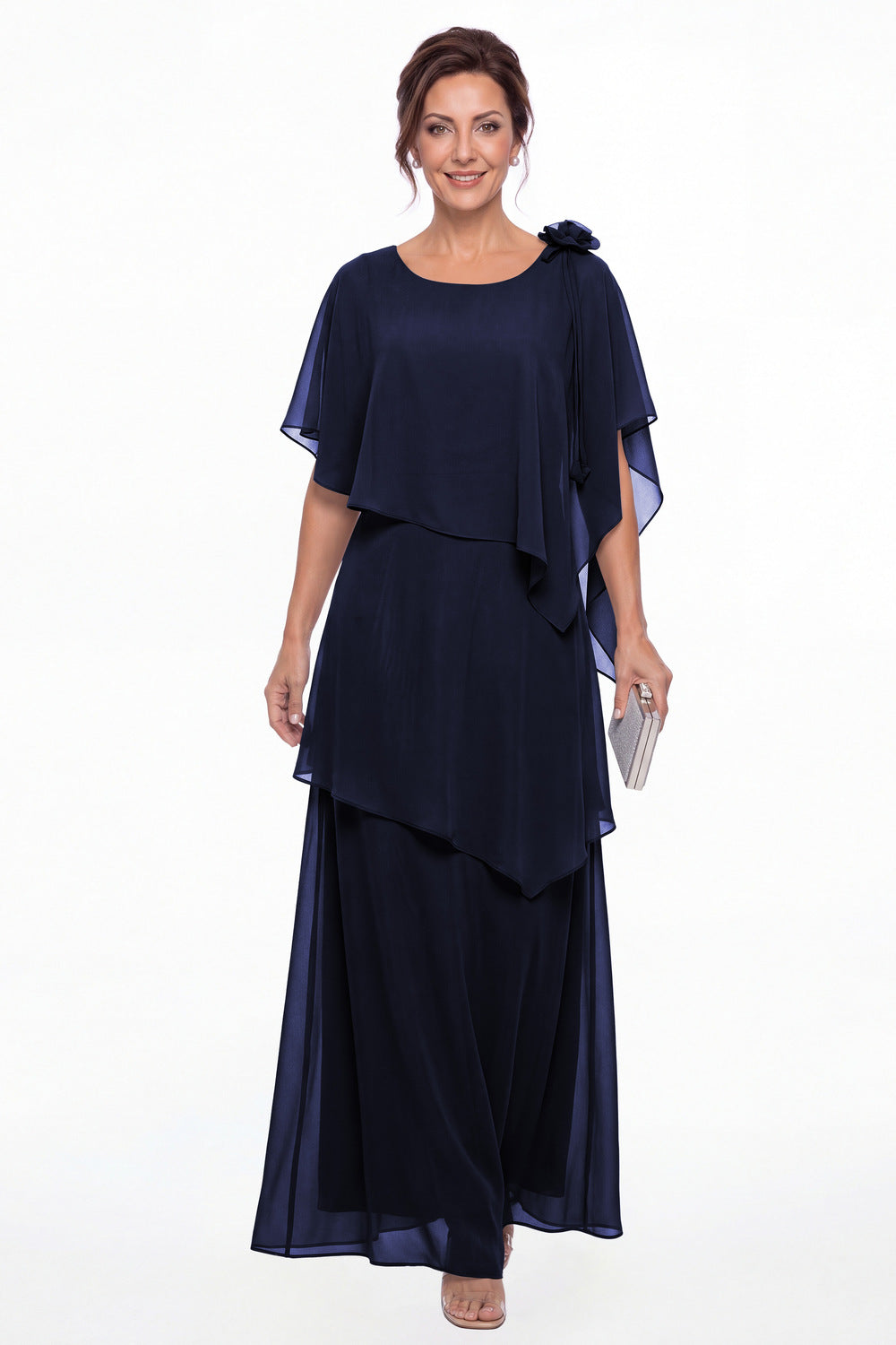 Navy Blue Scoop Cape Layered Chiffon Maxi Gown - Front View
