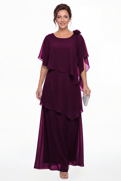 Plum Scoop Cape Layered Chiffon Maxi Gown - Front View