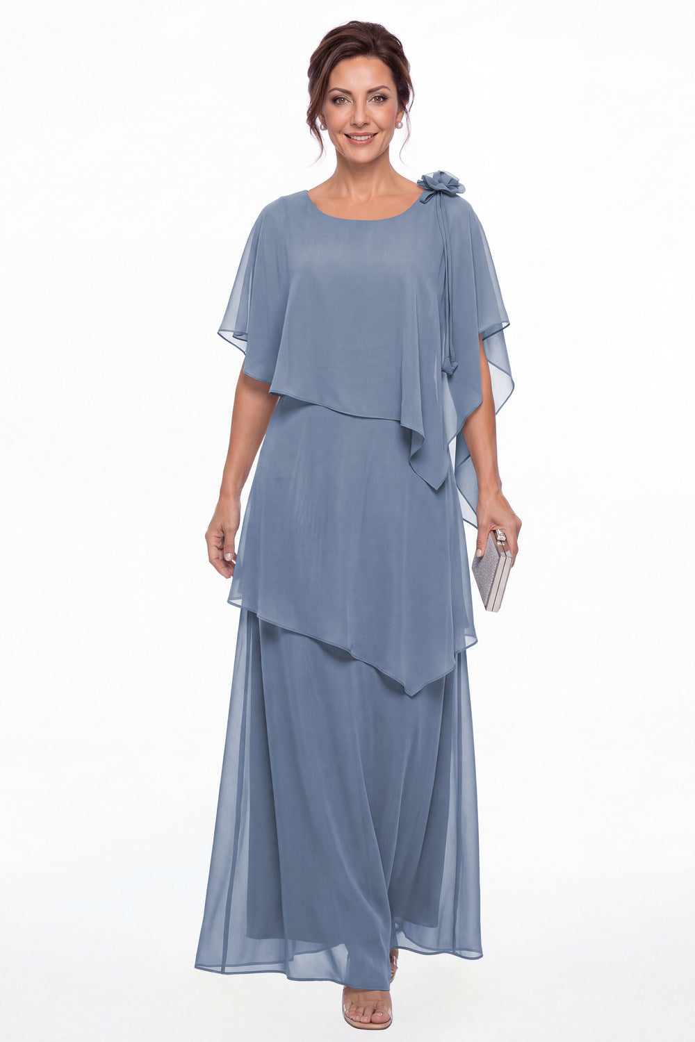 Steel Blue Scoop Cape Layered Chiffon Maxi Gown - Front View