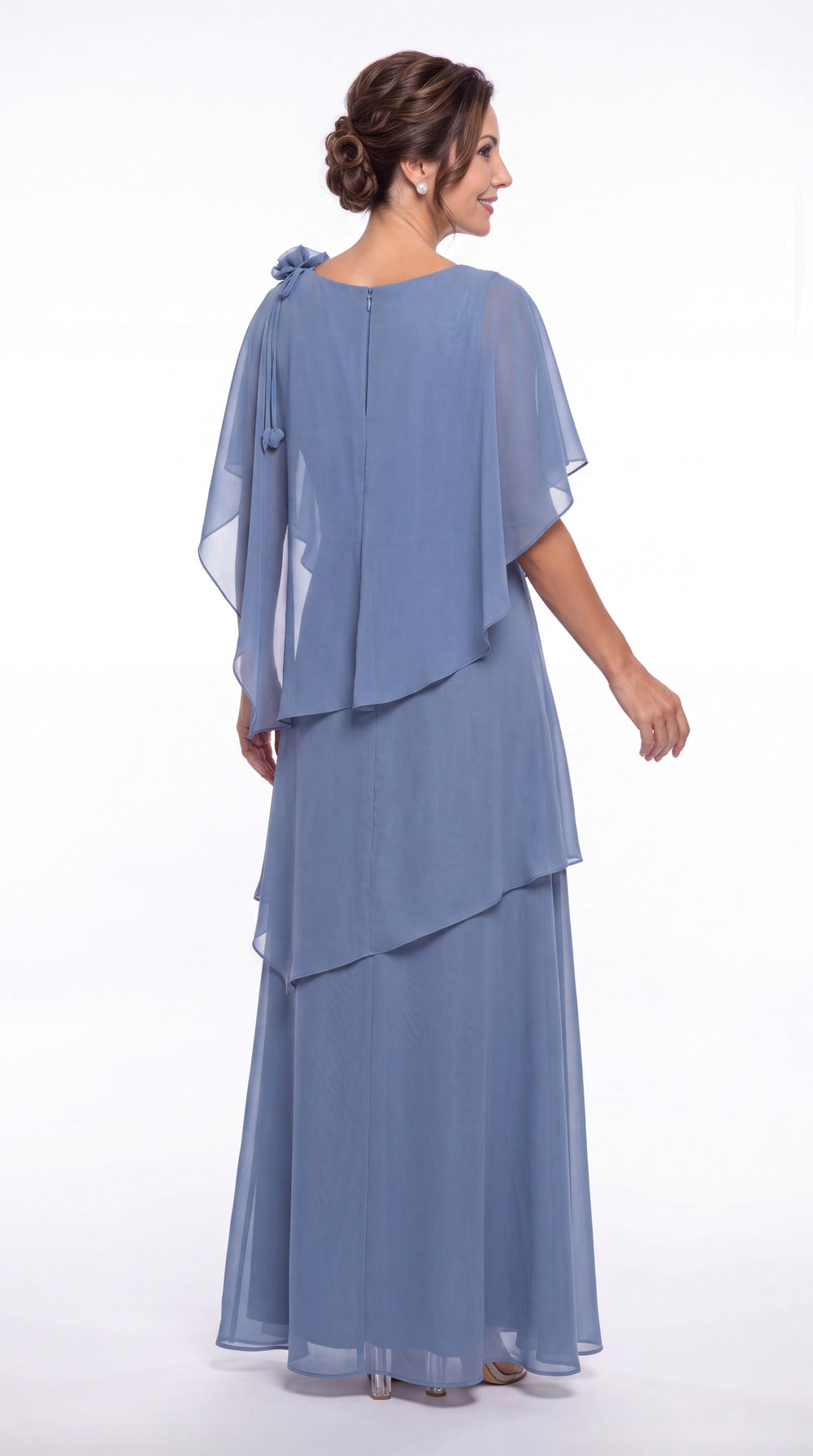 Black Scoop Cape Layered Chiffon Maxi Gown - Front View
