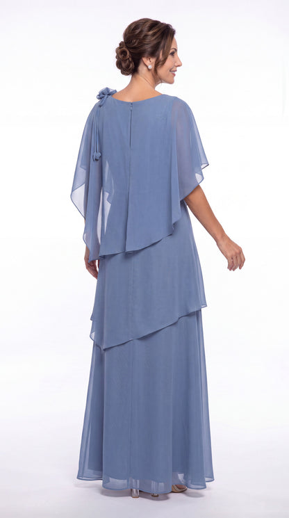 Black Scoop Cape Layered Chiffon Maxi Gown - Front View