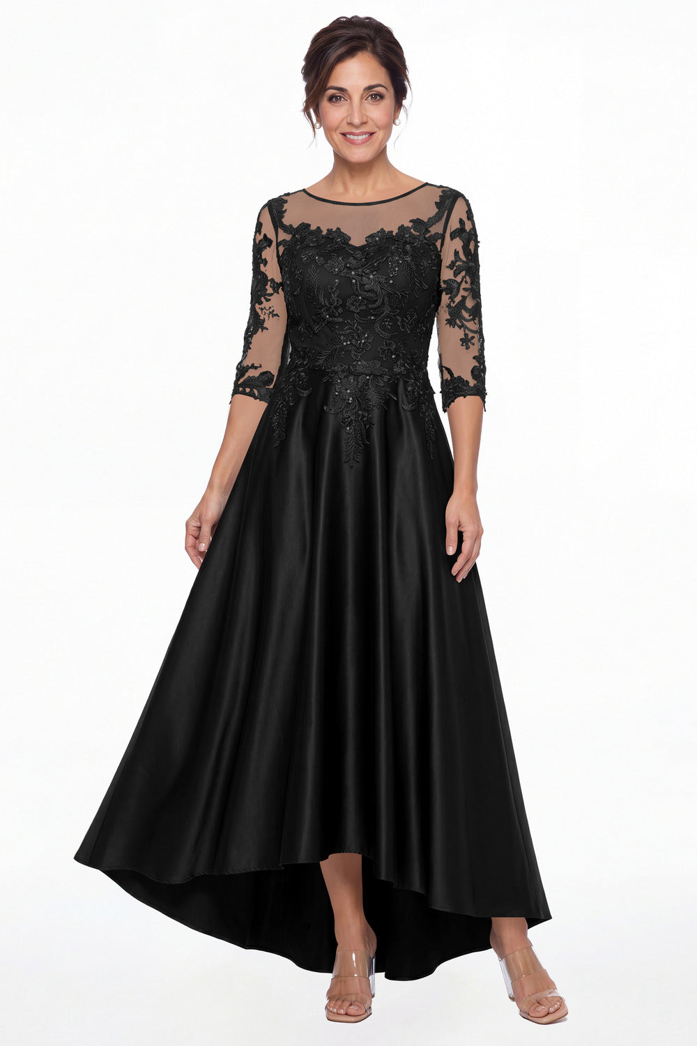 Black Illusion Lace Satin High-Low Maxi Gown - Front View