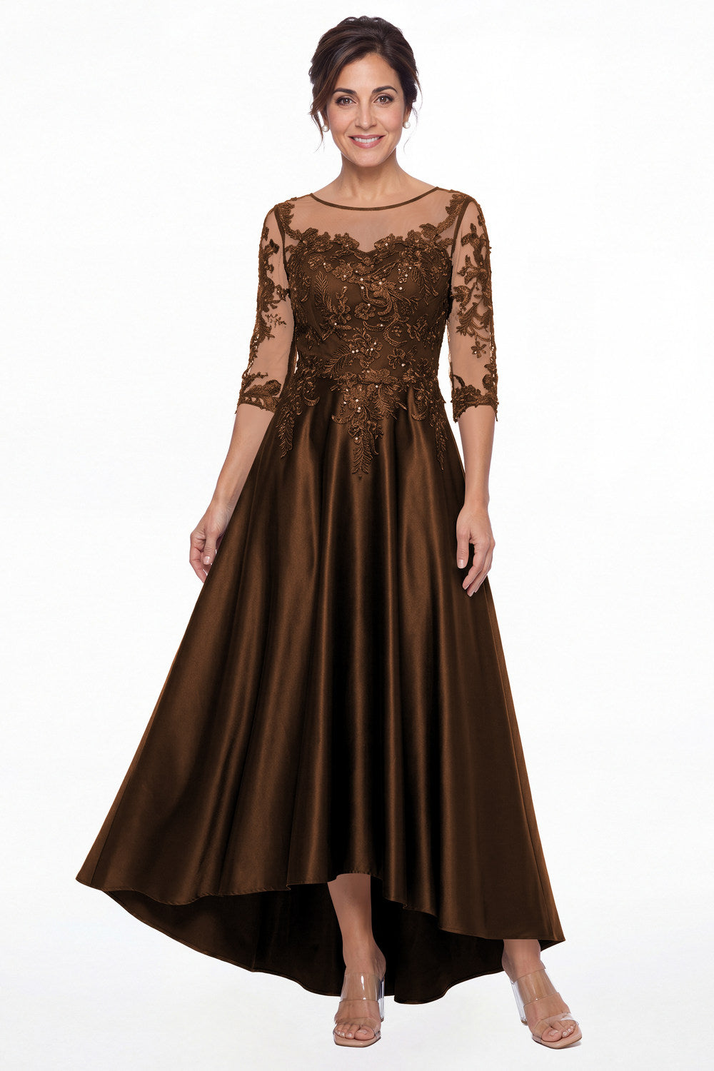 Brown Illusion Lace Satin High-Low Maxi Gown - Front View