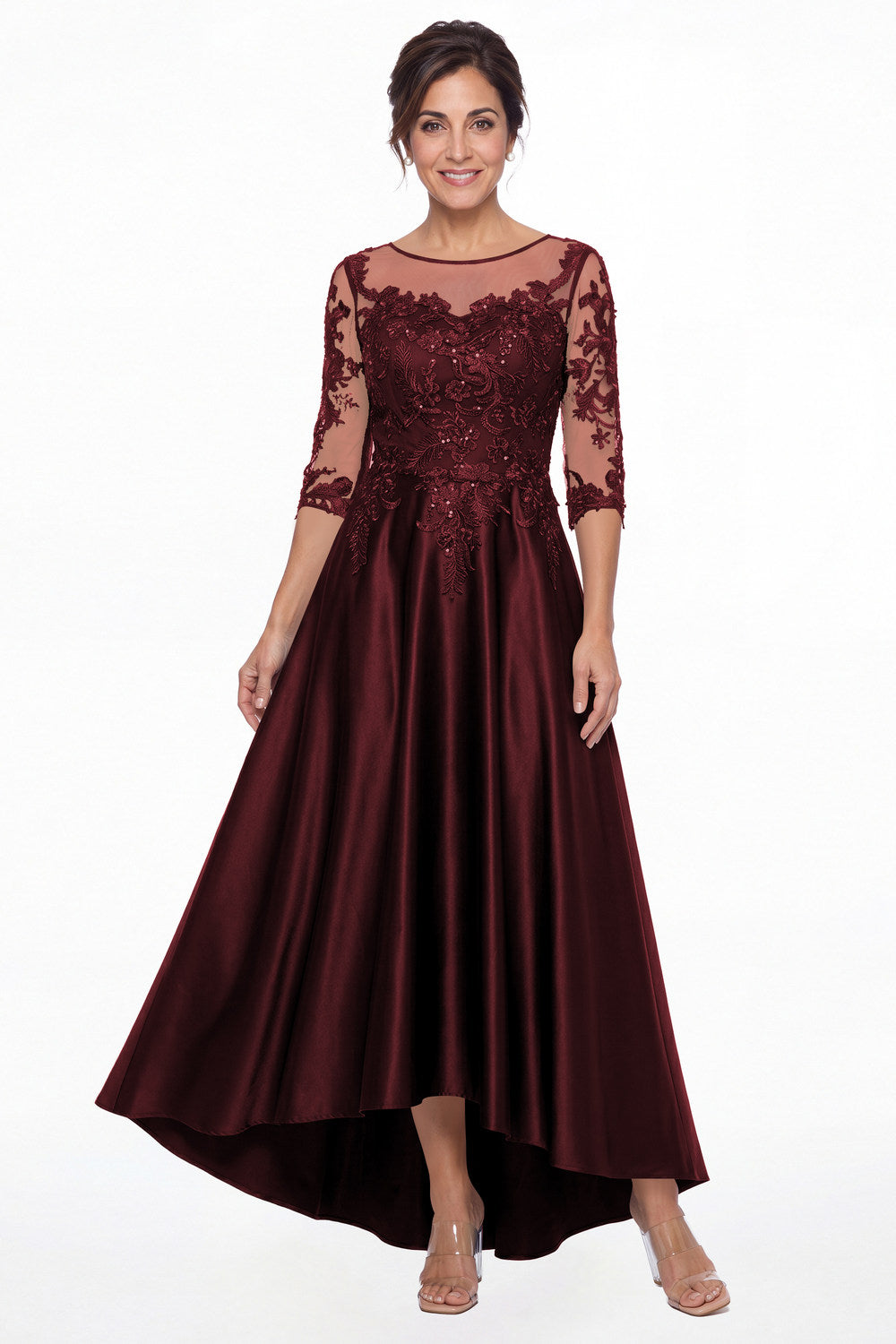 Burgundy Illusion Lace Satin High-Low Maxi Gown - Front View