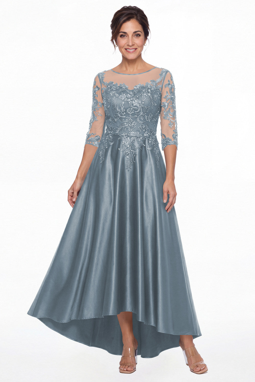 Dusty Blue Illusion Lace Satin High-Low Maxi Gown - Front View