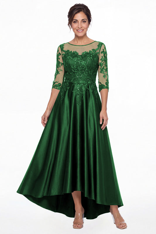 Emerald Green Illusion Lace Satin High-Low Maxi Gown - Front View