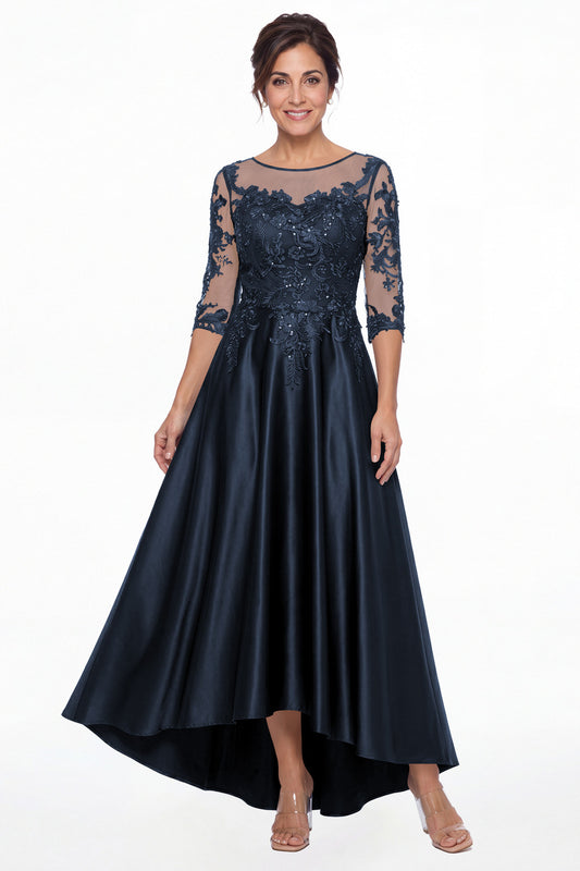 Navy Blue Illusion Lace Satin High-Low Maxi Gown - Front View