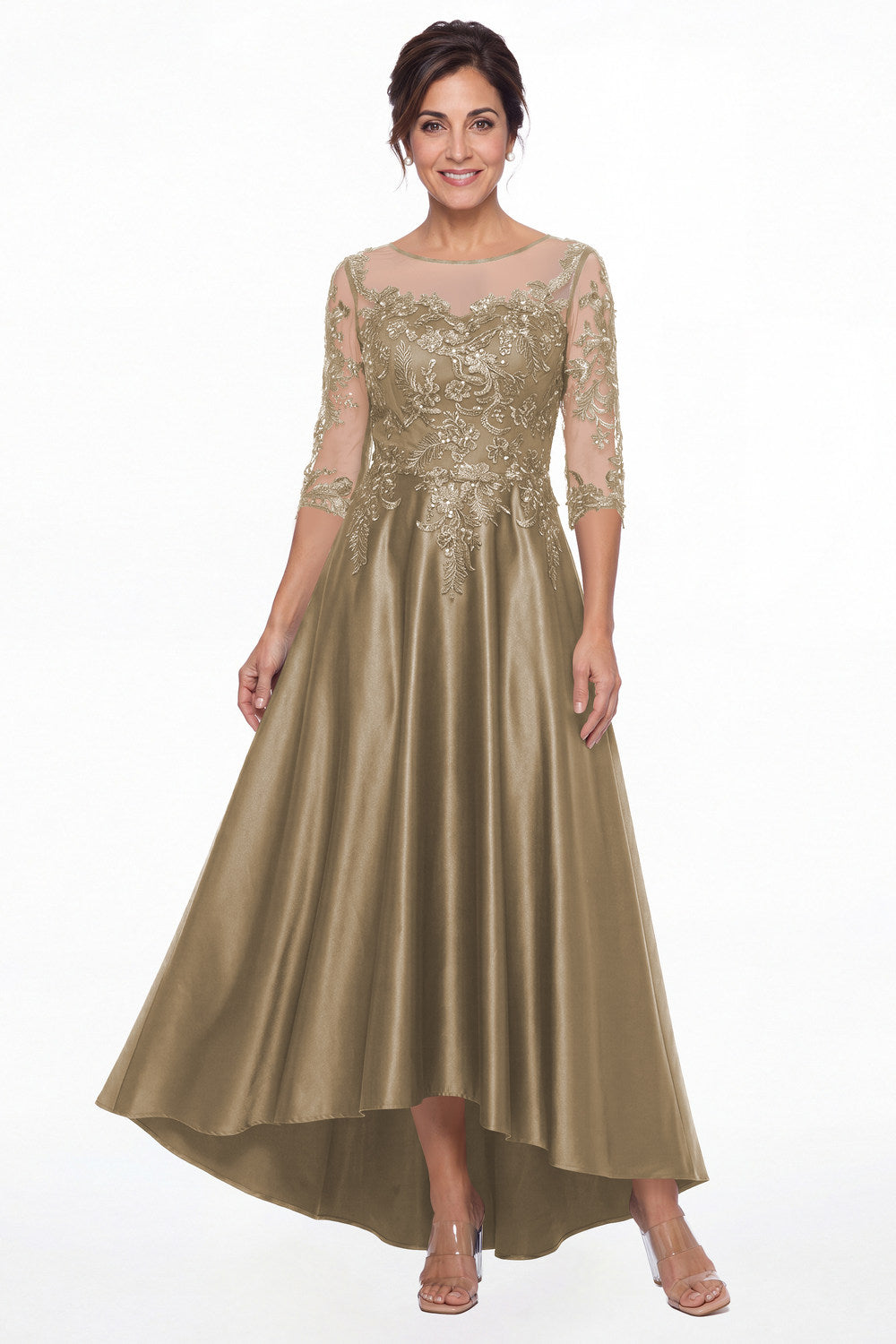 Taupe Illusion Lace Satin High-Low Maxi Gown - Front View