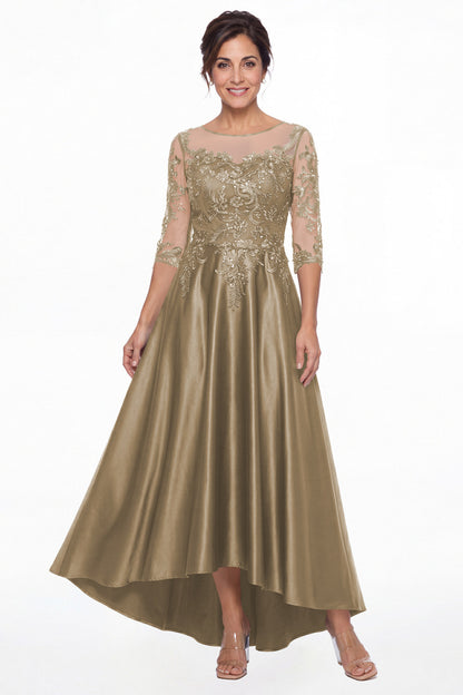 Taupe Illusion Lace Satin High-Low Maxi Gown - Front View