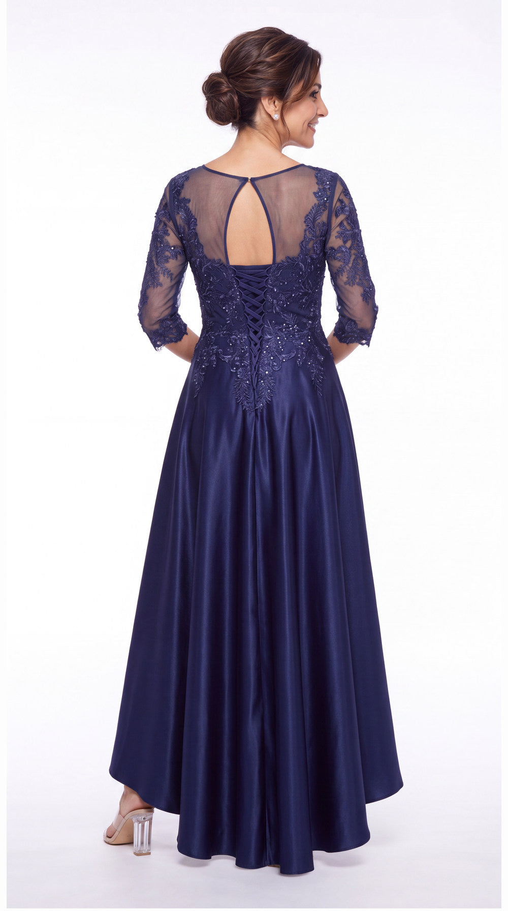 Black Illusion Lace Satin High-Low Maxi Gown - Front View