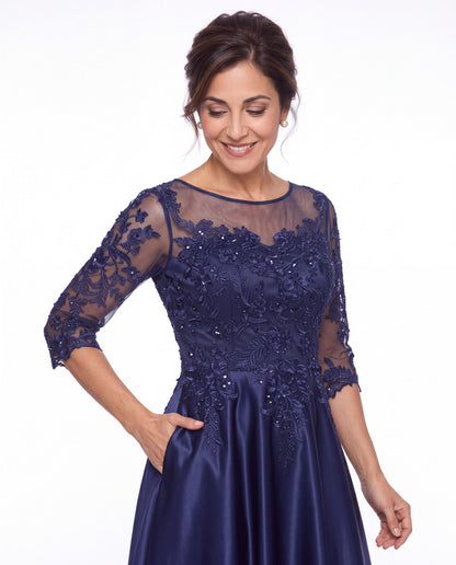 Illusion Lace Satin High-Low Maxi Gown - Back View