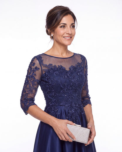 Illusion Lace Satin High-Low Maxi Gown - Detail View 1