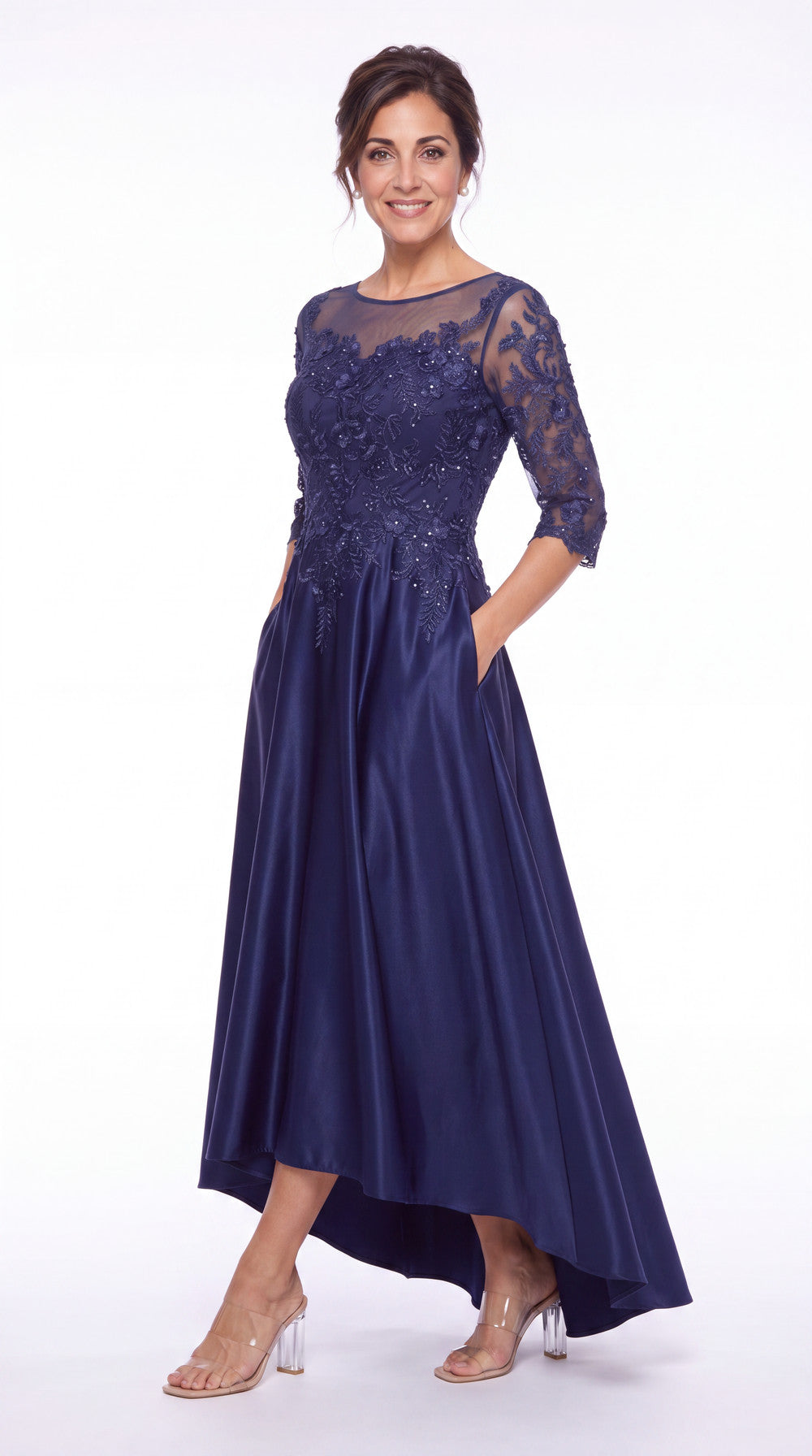 Illusion Lace Satin High-Low Maxi Gown - Detail View 2