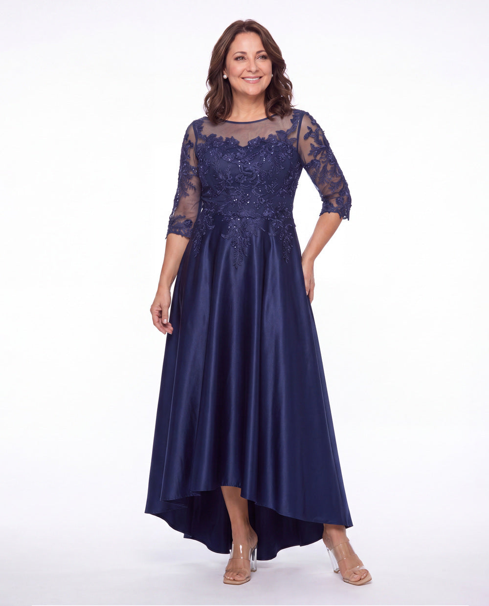 Illusion Lace Satin High-Low Maxi Gown - Detail View 4
