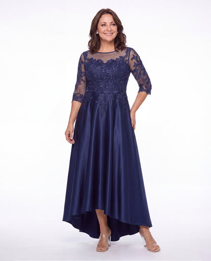 Illusion Lace Satin High-Low Maxi Gown - Detail View 4