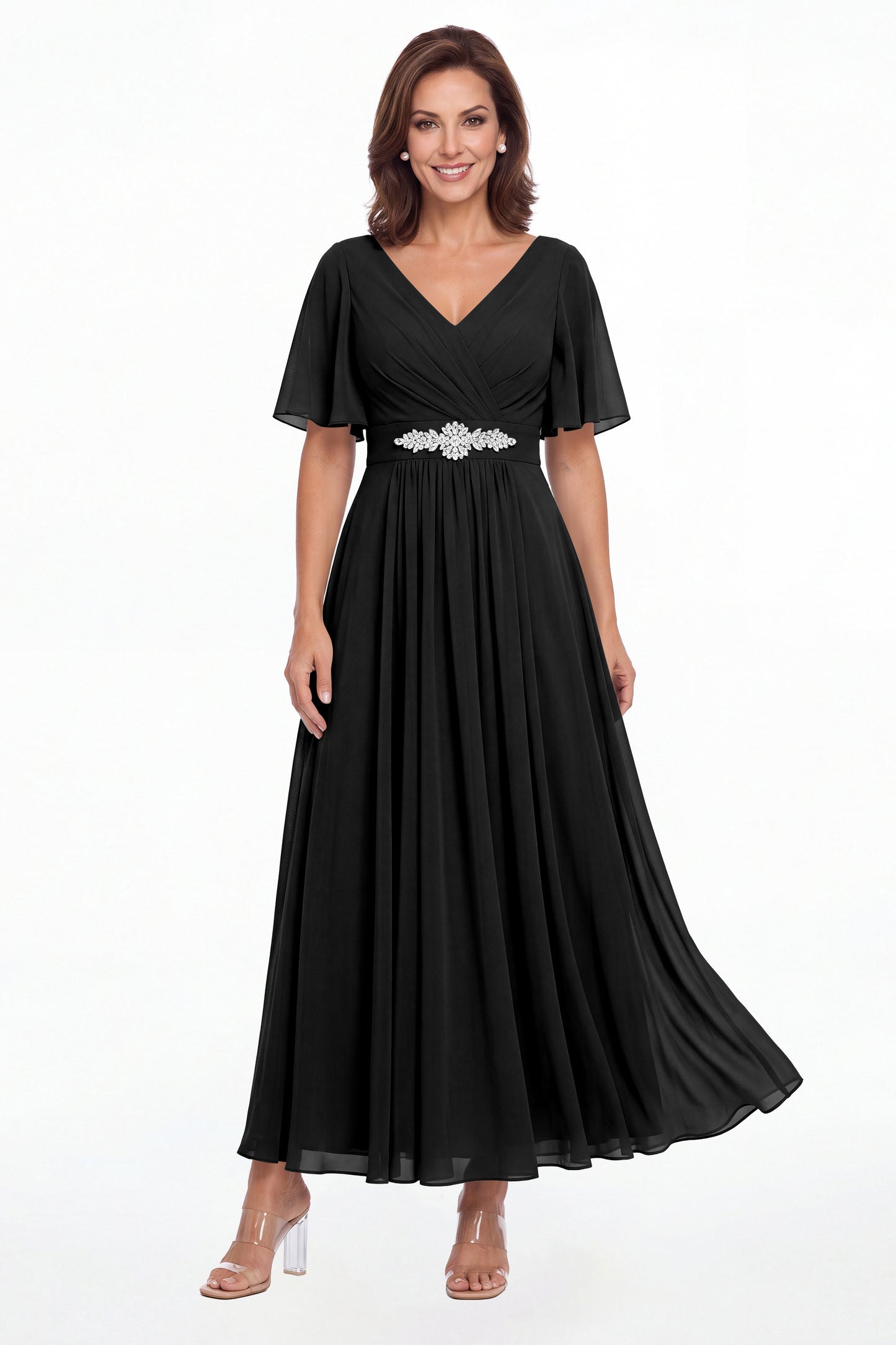 Black V-Neck Flutter Sleeve Chiffon A-Line Maxi Gown - Front View