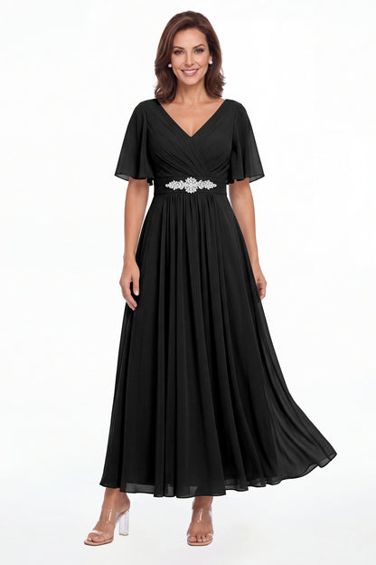 Black V-Neck Flutter Sleeve Chiffon A-Line Maxi Gown - Front View