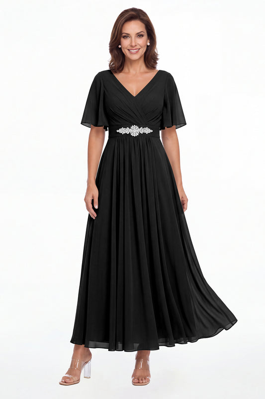 Black V-Neck Flutter Sleeve Chiffon A-Line Maxi Gown - Front View