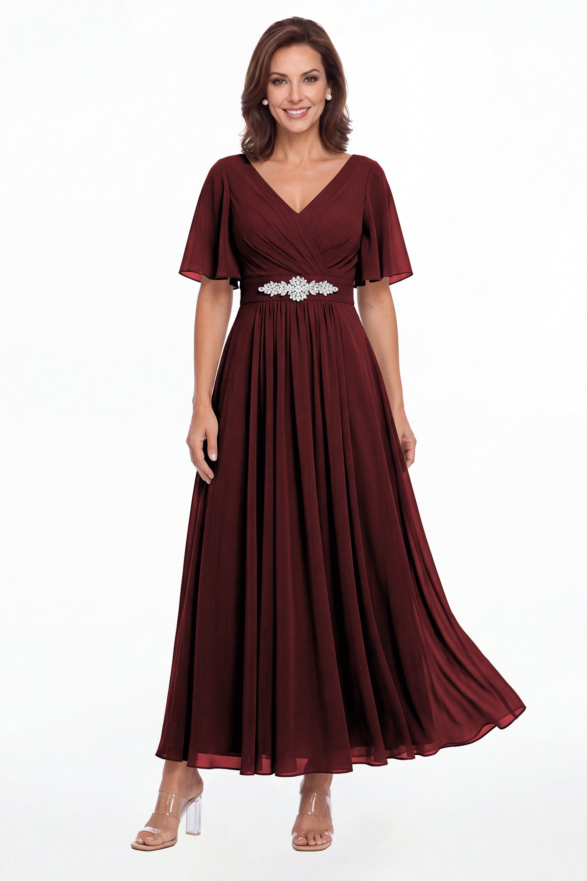 Burgundy V-Neck Flutter Sleeve Chiffon A-Line Maxi Gown - Front View