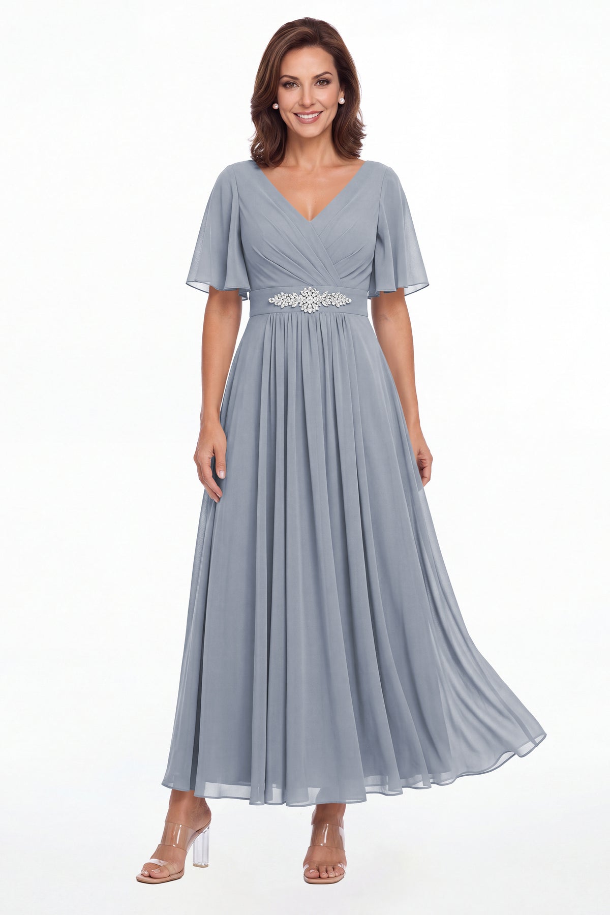 Dusty Blue V-Neck Flutter Sleeve Chiffon A-Line Maxi Gown - Front View