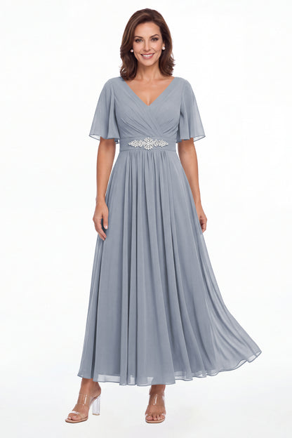 Dusty Blue V-Neck Flutter Sleeve Chiffon A-Line Maxi Gown - Front View