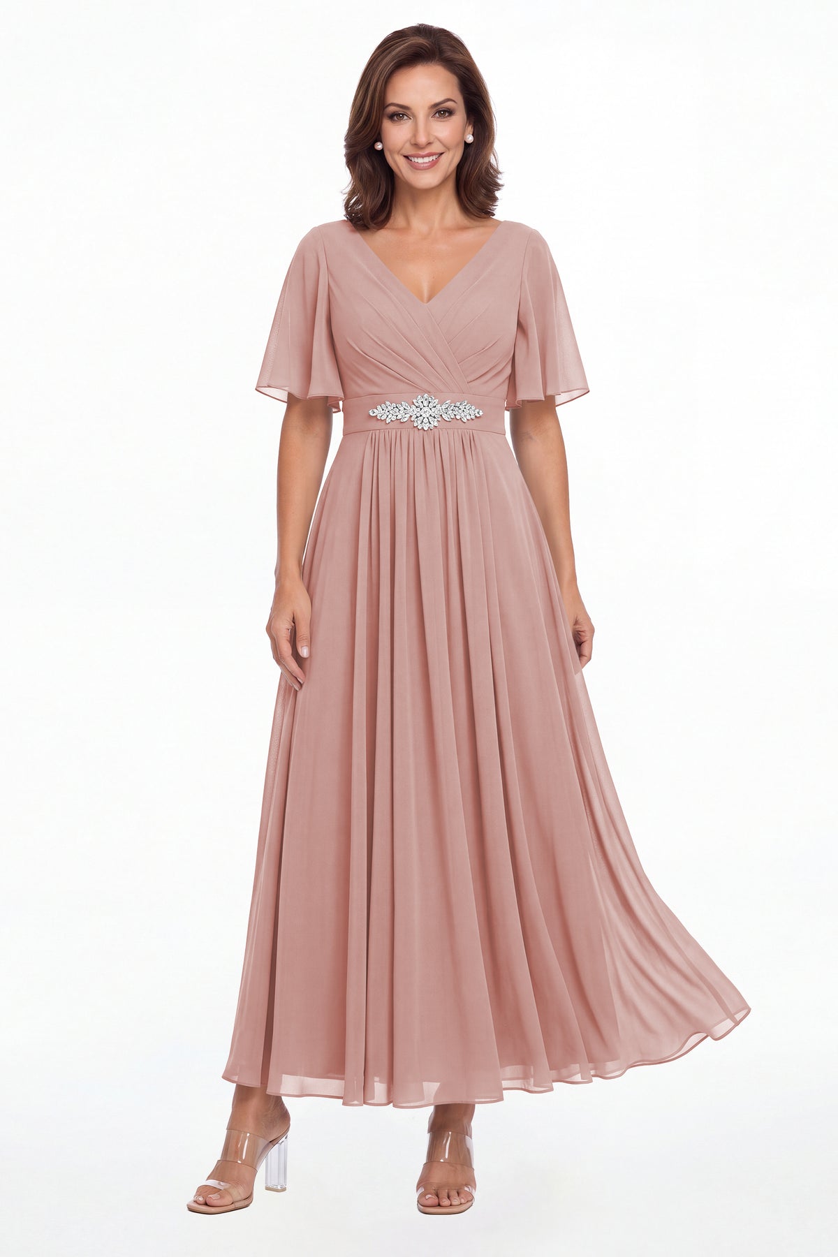 Dusty Rose V-Neck Flutter Sleeve Chiffon A-Line Maxi Gown - Front View