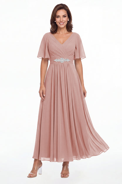 Dusty Rose V-Neck Flutter Sleeve Chiffon A-Line Maxi Gown - Front View