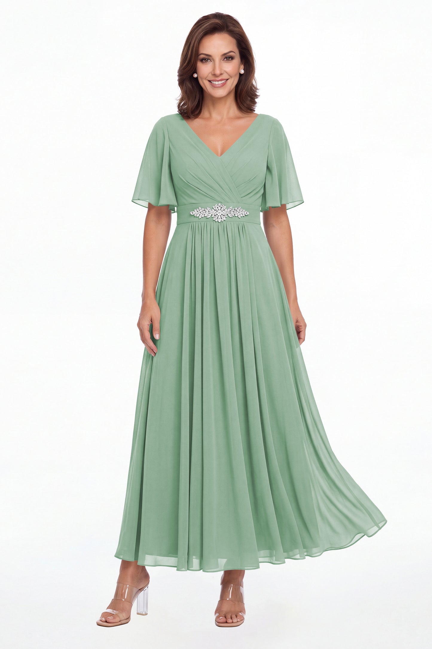 Eucalyptus V-Neck Flutter Sleeve Chiffon A-Line Maxi Gown - Front View