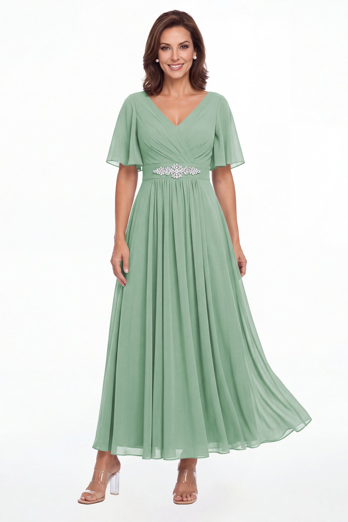 Eucalyptus V-Neck Flutter Sleeve Chiffon A-Line Maxi Gown - Front View
