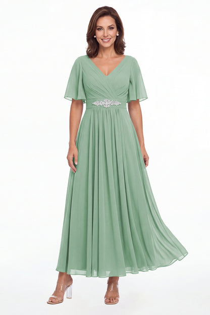 Eucalyptus V-Neck Flutter Sleeve Chiffon A-Line Maxi Gown - Front View