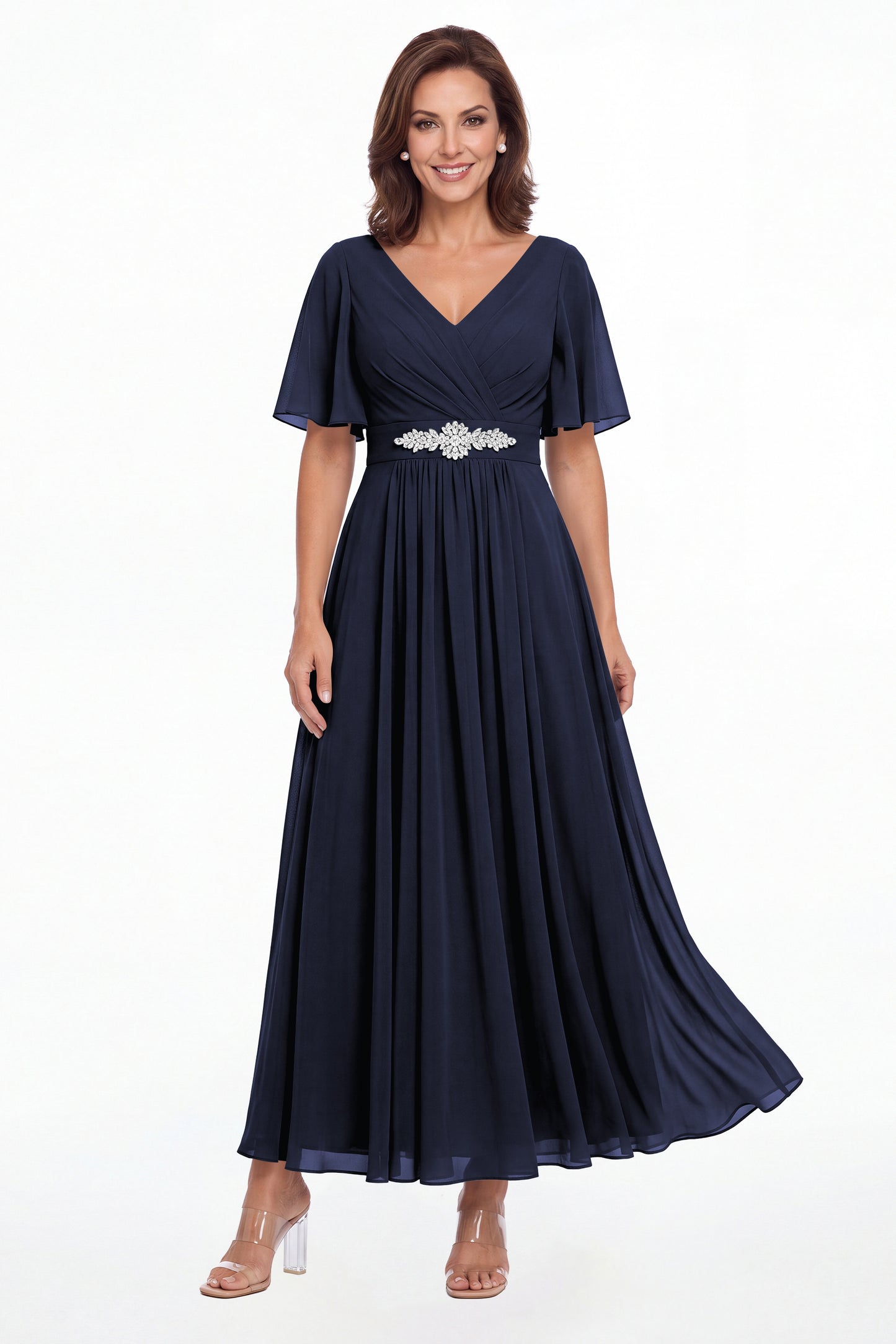 Navy Blue V-Neck Flutter Sleeve Chiffon A-Line Maxi Gown - Front View